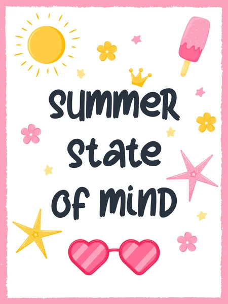 有太阳镜 阳光和花朵的夏季长方形卡片 季节性的因素 一张装框的明信片 上面写着夏天的心境 白色平面卡通风格的矢量图解 — 图库矢量图片