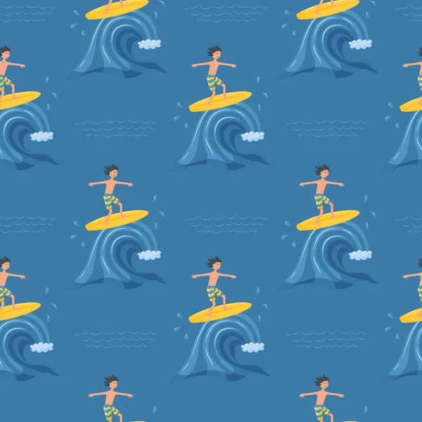 波に乗ってサーファーの少年とシームレスなパターン アクティブな夏のスポーツ エンターテイメント タオル ビーチアクセサリー用 濃い青の背景のベクトル図 — ストックベクタ