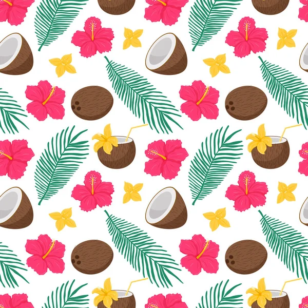 Jasne Lato Bezszwowy Wzór Egzotycznych Tropikalnych Owoców Kwiatów Liści Palmowych — Wektor stockowy