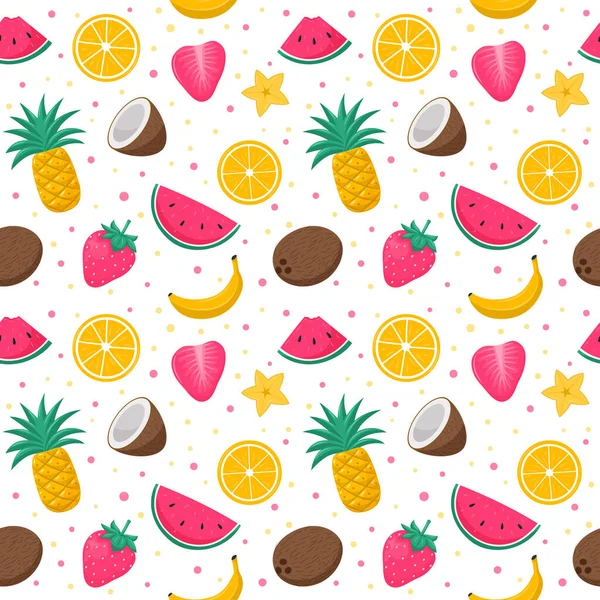 Bright Summer Seamless Pattern Exotic Tropical Fruits Berries Flowers Orange — Stock Vector