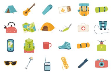 Yaz, tatil, turizm, yürüyüş, kamp, piknik için bir dizi tasarım öğesi. Ağ için düz çizgi film simgeleri. Kartlar, posterler, afişler. Beyaz arkaplanda izole edilmiş renk vektörü çizimi.