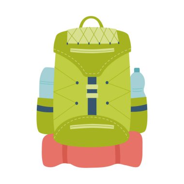 Termoslu, biberonlu ve seyahat minderli bir turist çantası. Balıkçılık, turizm, seyahat, kamp, yürüyüş ekipmanları. Düz vektör çizimi beyaz arkaplanda izole edildi.