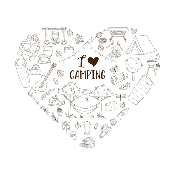 Doodle Set of tourist equipment for travel, picnic, camping, outdoor recreation. Heart shape composition as a print on clothes, postcards, web design. Outline vector illustrations isolated on a white