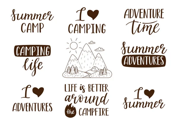 Set Handwritten Phrases Summer Vacation Tourism Hiking Adventure Camping Hand — Stock Vector