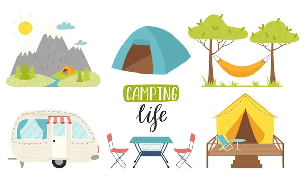 Mountain landscape with tent, camping trailer, hammock, tent, furniture. Hand lettering - Camping life. Hiking, glamping, traveling, recreation on nature. Flat color vector illustration on white.