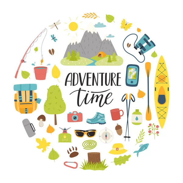 Kamp Seyahat Piknik Balık Tutmak Için Bir Takım Turistik Ekipman — Stok Vektör