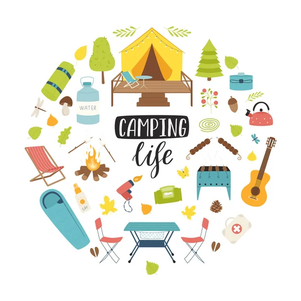 Conjunto Equipos Senderismo Para Viajes Picnic Camping Turismo Composición Redonda — Vector de stock