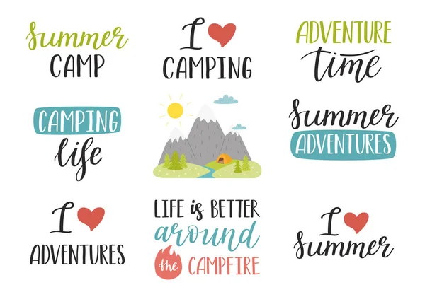 Conjunto Frases Manuscritas Para Verano Vacaciones Turismo Senderismo Aventura Camping — Vector de stock