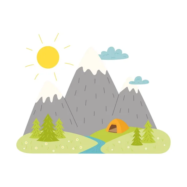 Montagnes Rivière Sapins Une Tente Horizon Paysage Estival Simple Loisirs — Image vectorielle