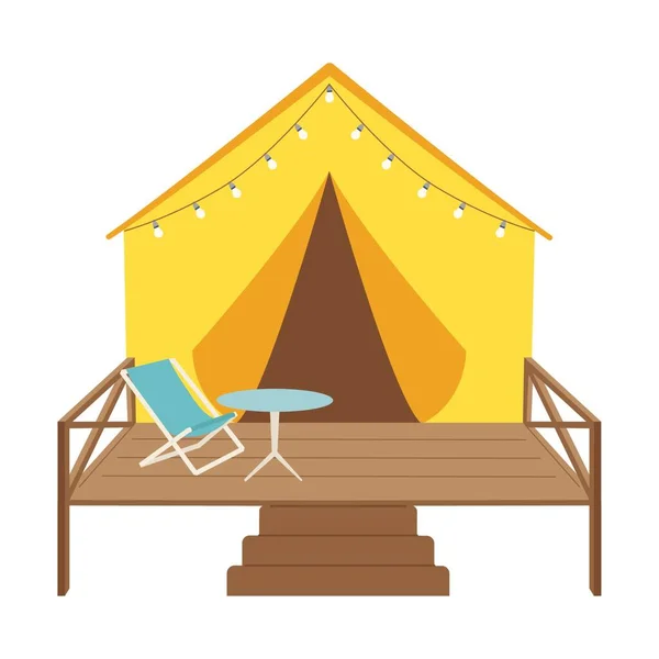 Glamping Tent with garland, table and chair on the terrace. Glamorous camping in nature. For cards, web. Symbol of camping, outdoor recreation, tourism. Flat vector illustration isolated on white