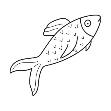 Doodle Basit soyut mavi balık. Suda yaşayan bir hayvan. Beyaz arkaplanda izole edilmiş siyah ve beyaz vektör çizimi.