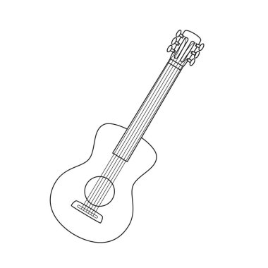 Doodle Classic altı telli gitar. Yaylı bir müzik aleti. Yürüyüşün, kampın, seyahatin sembolü. Beyaz arkaplanda izole edilmiş siyah ve beyaz vektör çizimi.