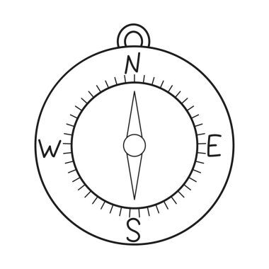 Doodle Manyetik Pusula. Navigasyon aleti. Turizm, seyahat, yürüyüş ekipmanları. Beyaz arkaplanda izole edilmiş siyah ve beyaz vektör çizimi.