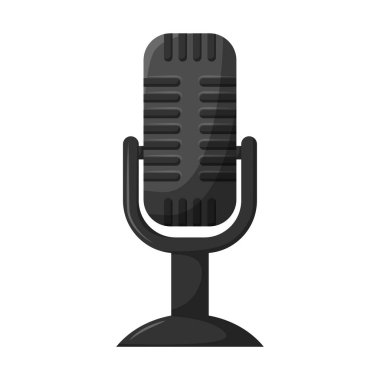 Profesyonel stüdyo klasik mikrofon kürsüye. Podcast ses ekipmanı. Düz biçimde renk vektör illüstrasyonu. Beyaz arkaplanda izole.