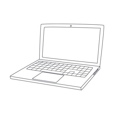 Boş ekranlı açık bir laptop. Metin için boş alanı olan elektronik bir cihaz. Taslak karalama. Beyaz arkaplanda izole edilmiş siyah ve beyaz vektör çizimi