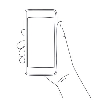 Telefonu tutan el. Boş boşluklu boş ekran. Taslak karalama. Beyaz arkaplanda izole edilmiş siyah ve beyaz vektör çizimi