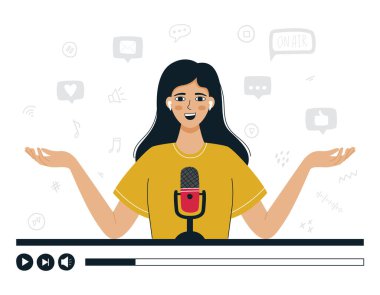 Kulaklıklı bir kız mikrofona konuşuyor, podcast kaydediyor. Siyah saçlı bir kadın çevrimiçi bir program sunuyor, hikayeler anlatıyor. Podcast, blog, radyo yayınları. Düz renk vektör illüstrasyonu.