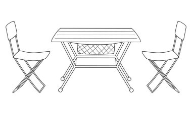 Doodle Kamp masası ve sandalyeler. Piknik için turist mobilyası, açık hava eğlencesi, doğada dinlenme. Beyaz arka planda izole edilmiş elle çizilmiş siyah-beyaz vektör çizimi.
