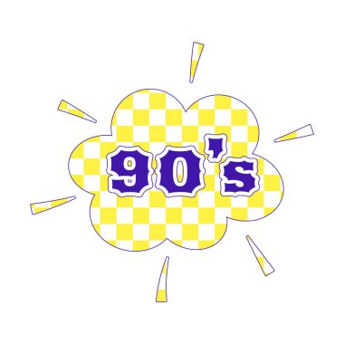 Y2K etiketi soyut biçimdedir ve satranç modelinin arka planında 90 'lı kelimelerin olduğu kıvılcımlar vardır. Parlak asit renklerinde metin grafik ögesi. 2000 'lerin nostaljisi. Vektör illüstrasyonu beyazda izole edildi