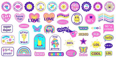 A set of y2k stickers with text motivational, positive phrases. Collection of Pop Art Patches from 2000s in geometric shapes with acid weird surreal elements. Vector illustration isolated on white clipart