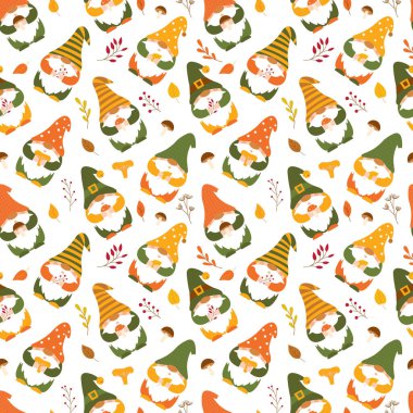 Ellerinde mantar, yaprak ve dal tutan güzel sonbahar cüceleri olan kusursuz bir desen. Karikatür ormanı cüceleri. Ambalaj kağıdı, duvar kağıdı, tekstil için. Beyaz üzerine vektör karakterleri