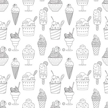 Hatları farklı olan kusursuz bir kalıp. Dondurma, dondurma, waffle külahı, çırpılmış yiyecekle kase. Tatlı yaz tatlıları. Beyaz arkaplanda el çizimi siyah ve beyaz vektör çizimi.