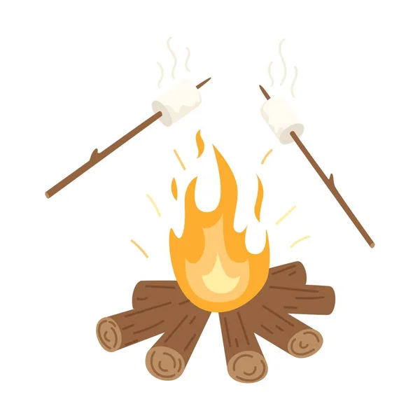 Wood Burning Bonfire Fried Marshmallows Sticks Picnic Hiking Camping Tourism — Stock Vector