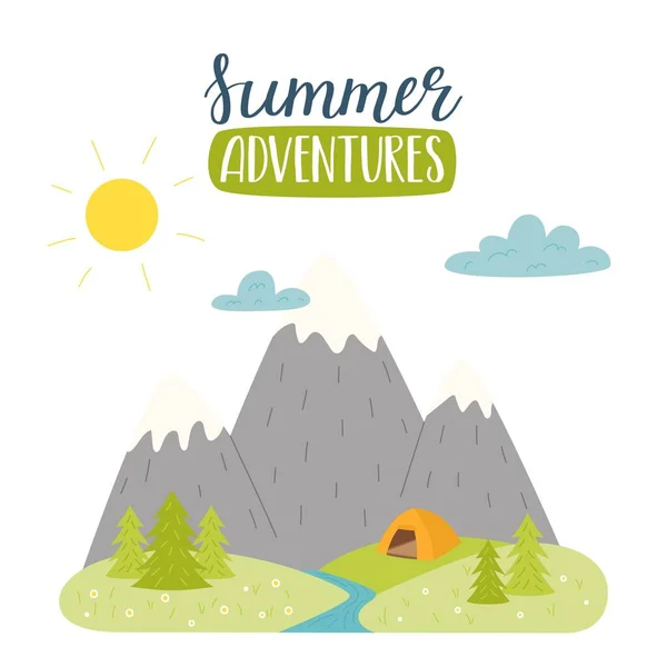 地平线上的高山 冷杉和帐篷 以及手写的文字 夏天的比喻 夏天的风景户外运动 白色平面卡通矢量图解 — 图库矢量图片