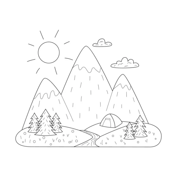 Mountains, river, fir trees and a tent on the horizon. Simple summer landscape in doodle style. Outdoor recreation, hiking, camping, tourism. Outline black white vector illustration isolated on white.