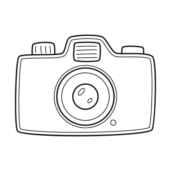 涂鸦Slr相机 一种带有缩放和闪光的摄影装置 旅行和冒险的象征在白色背景上孤立的黑白矢量示意图 — 图库矢量图片