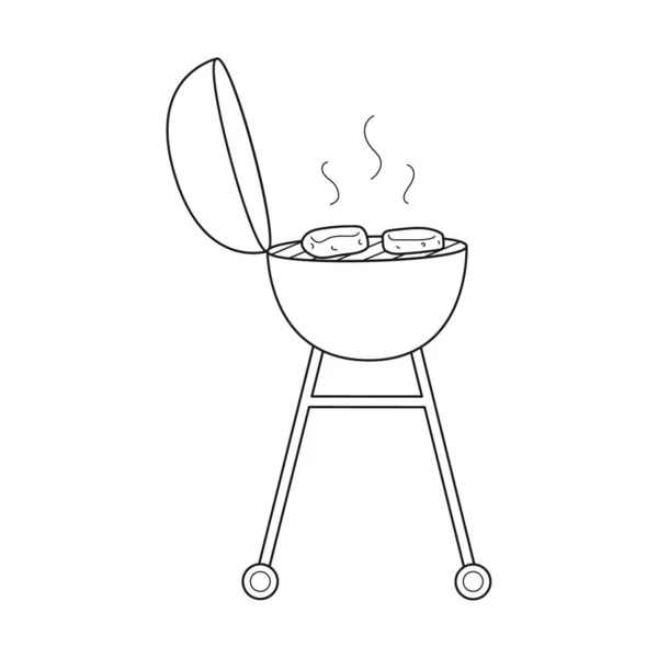 Doodle Barbecue, grill with roasting meat, steak. Barbecue equipment for a party, picnic, backyard. Cooking on coals. Outline black and white vector illustration isolated on a white background.