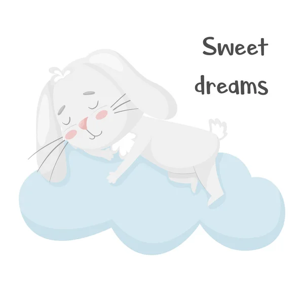 Милый Улыбающийся Кролик Спит Облаке Детский Дизайн Постер Спокойной Ночи — стоковый вектор