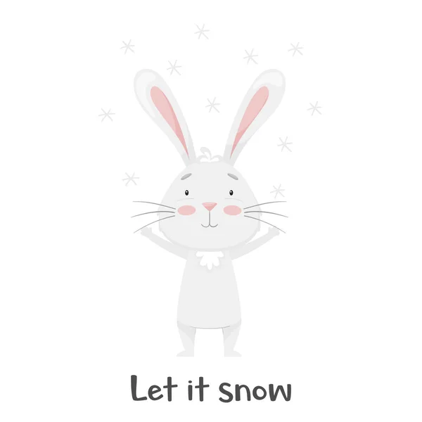 Niedliches Lächelndes Kaninchen Das Sich Den Fliegenden Schneeflocken Erfreut Lasst — Stockvektor