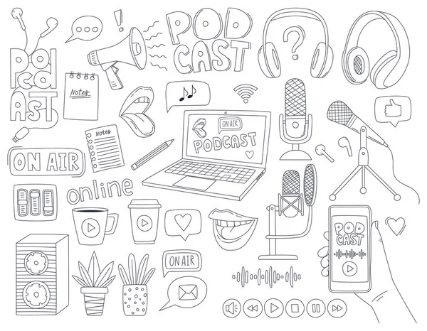 Conjunto Símbolos Esboço Doodle Podcast Programa Rádio Transmissão Microfones Laptop —  Vetores de Stock