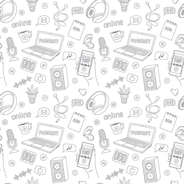 ポッドキャスト ラジオ オンラインショーを象徴するドア要素とシームレスなパターン 概要手描きマイク ヘッドフォン スピーカー ノートパソコン 白地に黒と白のイラスト — ストックベクタ