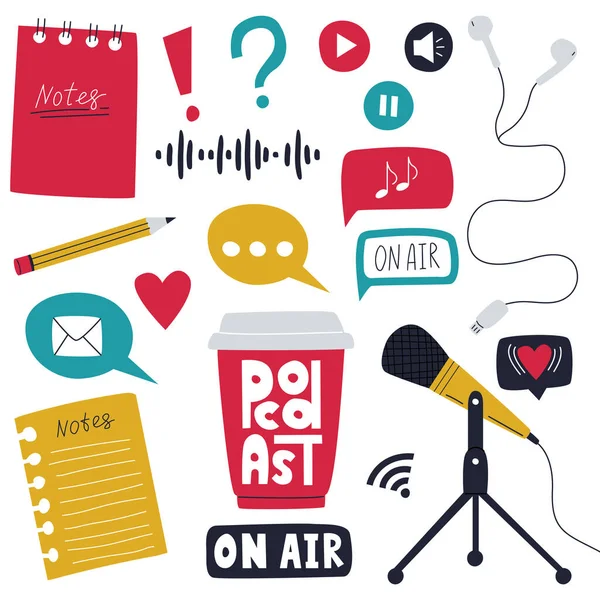Conjunto Elementos Simbolizando Ouvir Podcast Programa Rádio Show Online Microfone —  Vetores de Stock