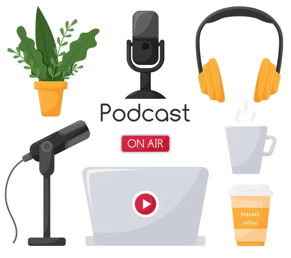 Elemente Die Die Aufzeichnung Eines Podcasts Einer Radiosendung Oder Einer — Stockvektor