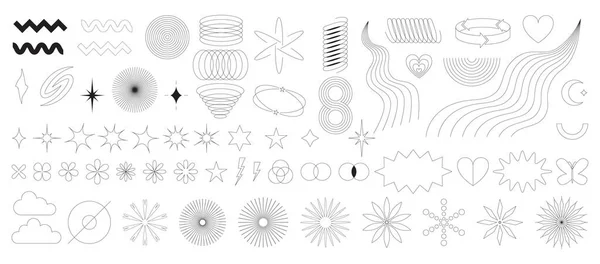 stock vector A set of abstract outline geometric design elements in y2k style. Modern graphic shapes, stars, bling, glitter, silhouettes, brutalism forms. Trendy minimalistic retro decorative elements. Vector