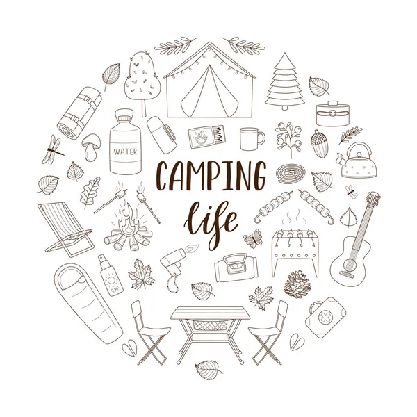 Doodle Conjunto Equipos Senderismo Para Viajes Picnic Camping Turismo Composición — Vector de stock