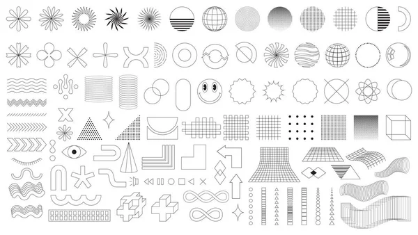 stock vector A set of trendy minimalistic linear icons and shapes for web design, posters, clothes, flyers, covers. Universal elements in vaporwave and brutalism style. Retro futurism shapes. Vector illustrations