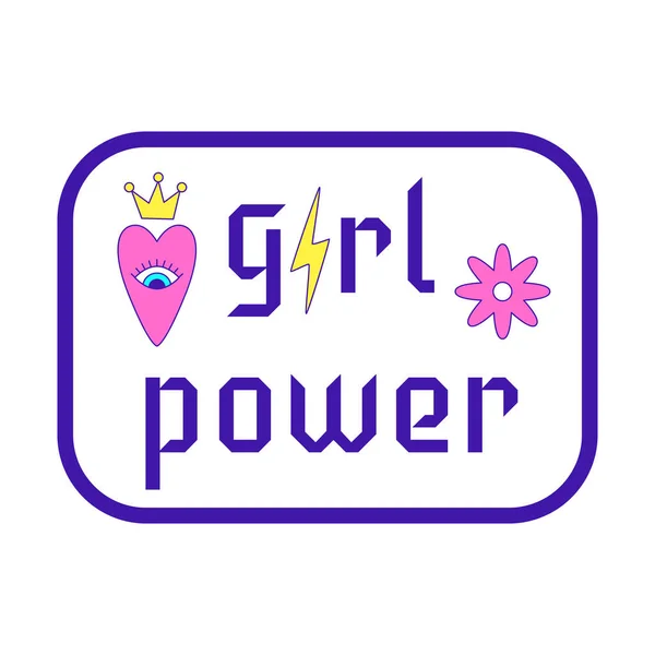 stock vector Girly Y2K patch. A sticker in shape of rounded rectangle with flower, heart in crown and words Girl power. Text graphic element in bright acid colors. Simple vector illustration isolated on a white