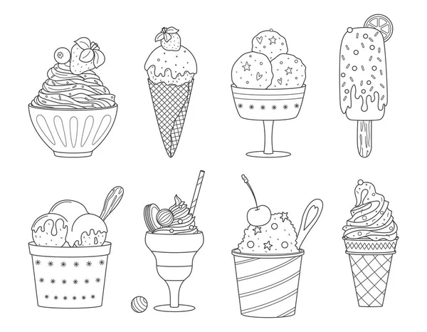 Set Vector Outline Ice Cream Summer Sweet Food Delicious Frozen — Stock Vector