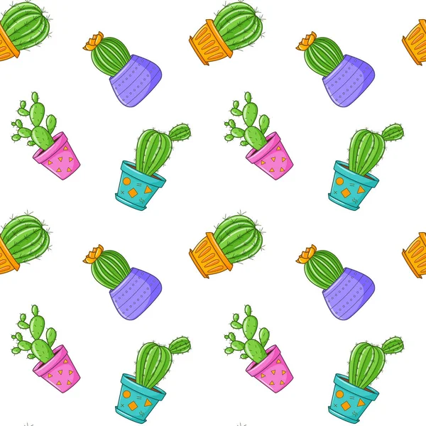 Bezproblémový Vzor Různými Kaktusy Šťavnatá Rostlina Květináči Kaktusy Ručně Kreslení — Stockový vektor