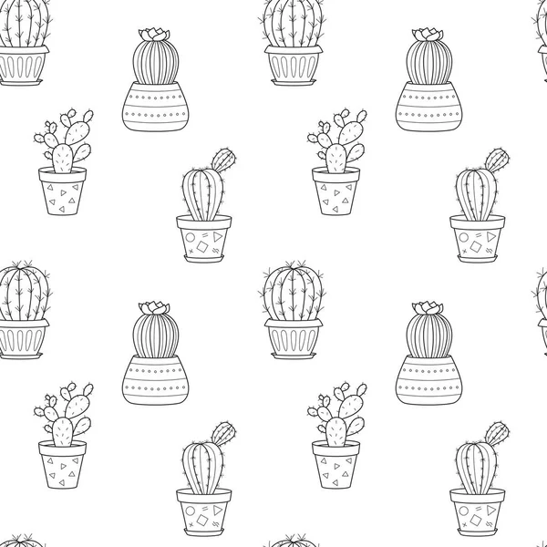 Płynny Wzór Ręcznie Rysowanym Szkicem Doodle Doniczkowych Kaktusów Domowa Roślina — Wektor stockowy