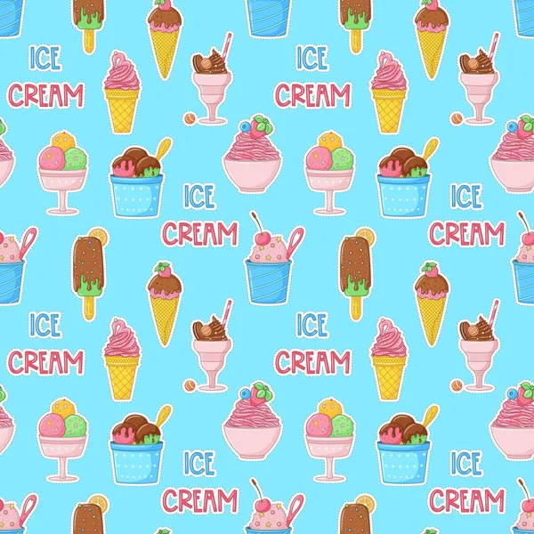 漫画明るいアイスクリーム アイス ポプシクル ストロベリー チョコレートと夏のシームレスなパターン 包装紙 壁紙デザイン 甘い夏の食べ物 青の背景にベクトルカラフルなイラスト — ストックベクタ