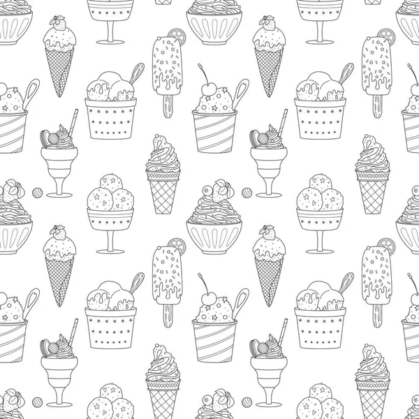 Seamless Pattern Outline Different Ice Cream Popsicle Waffle Cone Bowl — Stock Vector
