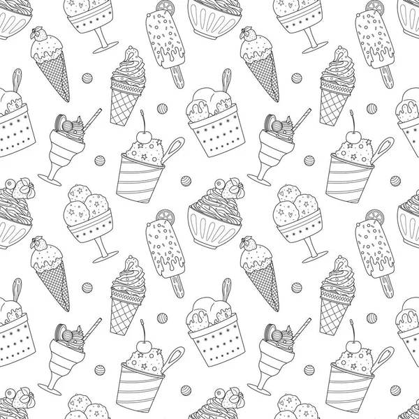 アウトラインの異なるアイスクリーム アイス ポプシクル ワッフルコーン ホイップフード付きのボウルとシームレスなパターン 甘い夏のデザートをお楽しみください 白地に黒と白のベクターイラストを描いた手描き — ストックベクタ