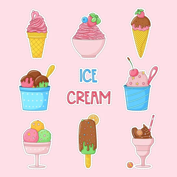 Σύνολο Καρτούν Χρωματιστό Doodle Παγωτό Παγωτό Γρανίτα Γλάσο Και Μούρο — Διανυσματικό Αρχείο