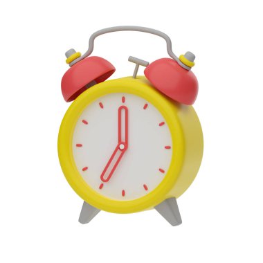 3D rendering of the alarm clock. 7 hours on the dial. Yellow retro vintage alarm clock, 3D style, realistic plastic. Isolated illustration