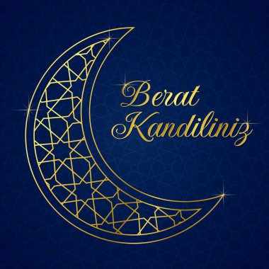 Müslüman bayramı. Kutsal İslami gecenin vektör konsepti Berat Kandiliniz. Tercümesi: İslami kutsal gece. Hilal şeklinde Arapça desenli bir kart. Mavi gradyan üzerinde vektör illüstrasyonu.